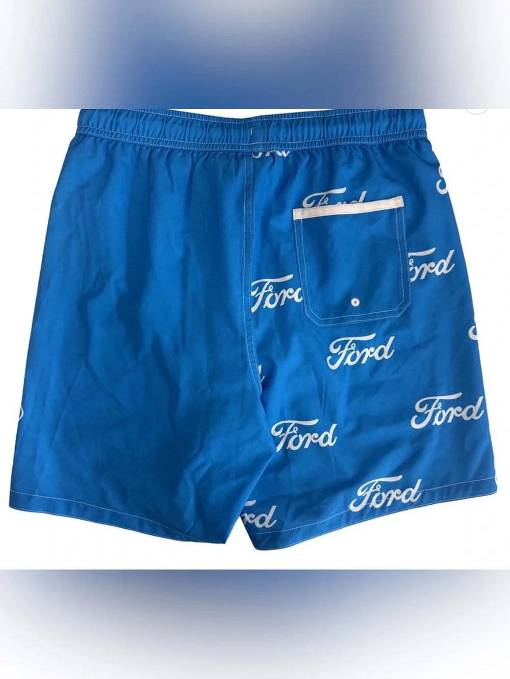 Ford Boys Blue/White Logo Swim Shorts Trunks Drawstring Elastic Waist Pockets Si